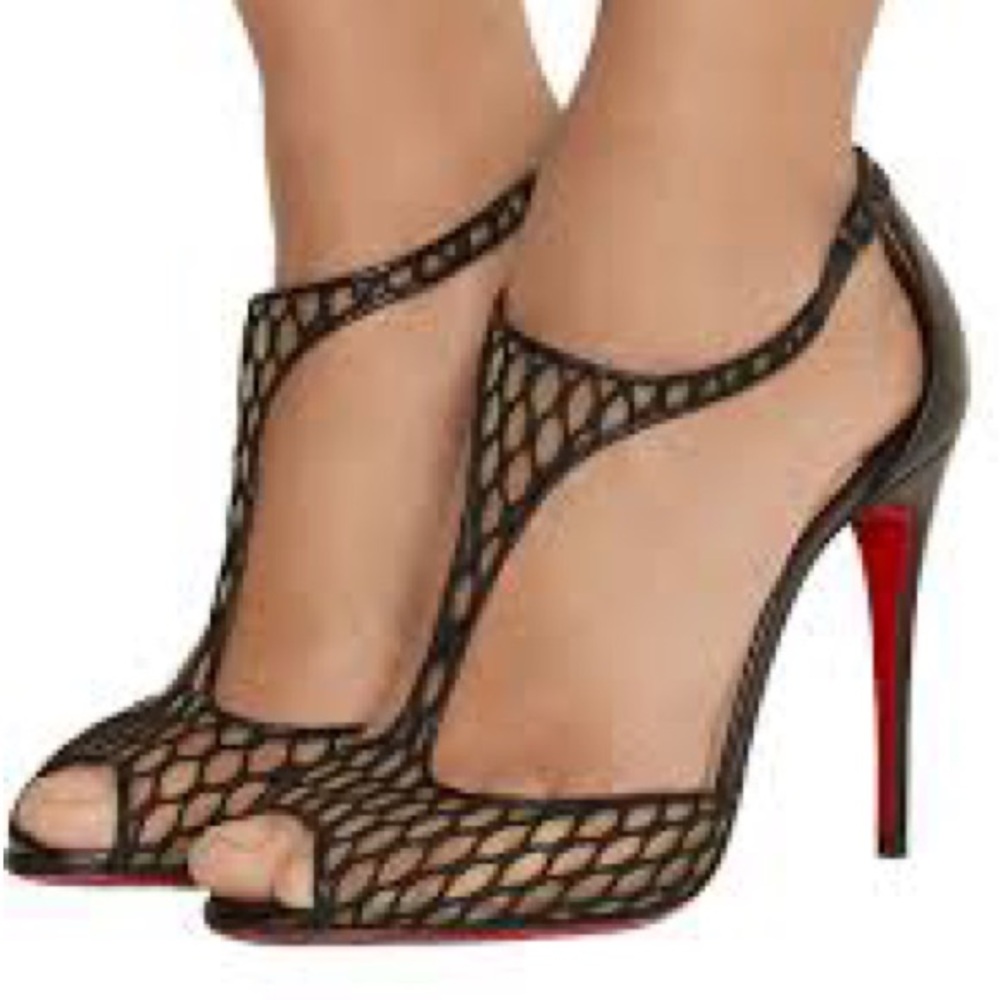 Christian Louboutin Tiny Black Lace And Mesh Salonu Peep-Toe T Strap Sandals